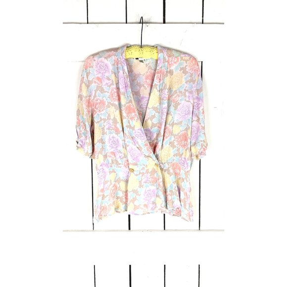 Vintage pastel pink floral short sleeve wrap peplum blouse - Picture 5 of 5